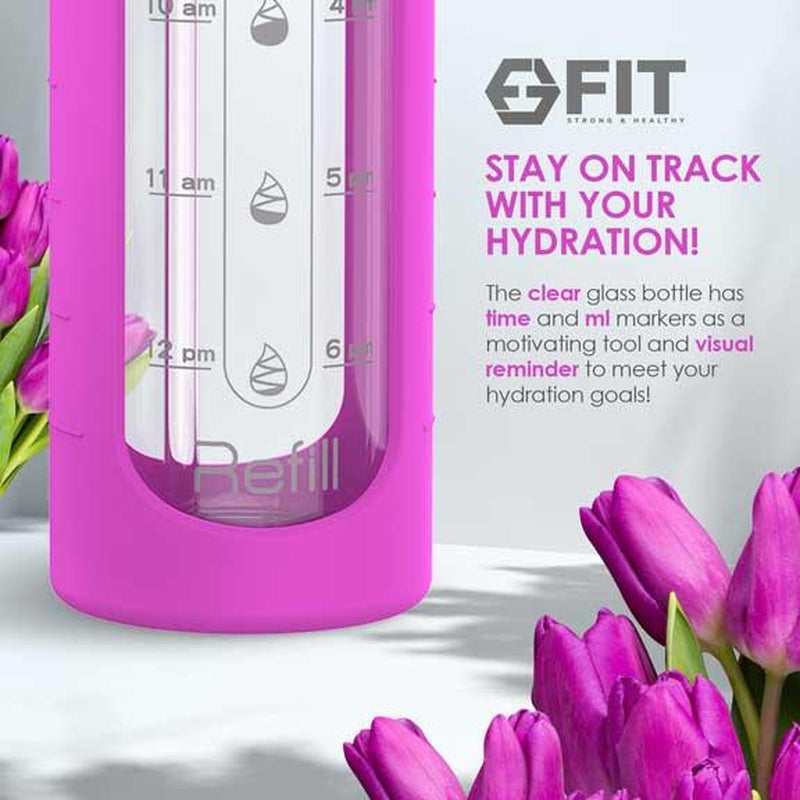 32 Oz Glass Water Bottle with Straw Lid, Time Marker, Silicone Sleeve & Extra Lid (Purple Sleeve)